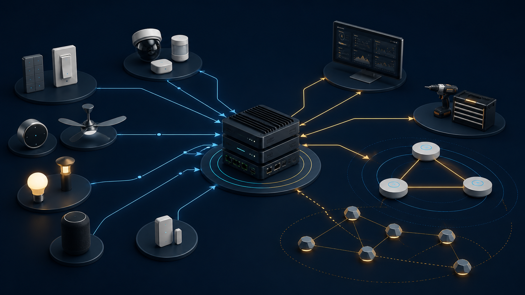 Conceptual smart-home system map linking controls and sensors to a local controller, household outputs, dashboards, workshop monitoring, wireless nodes, and a future beacon mesh